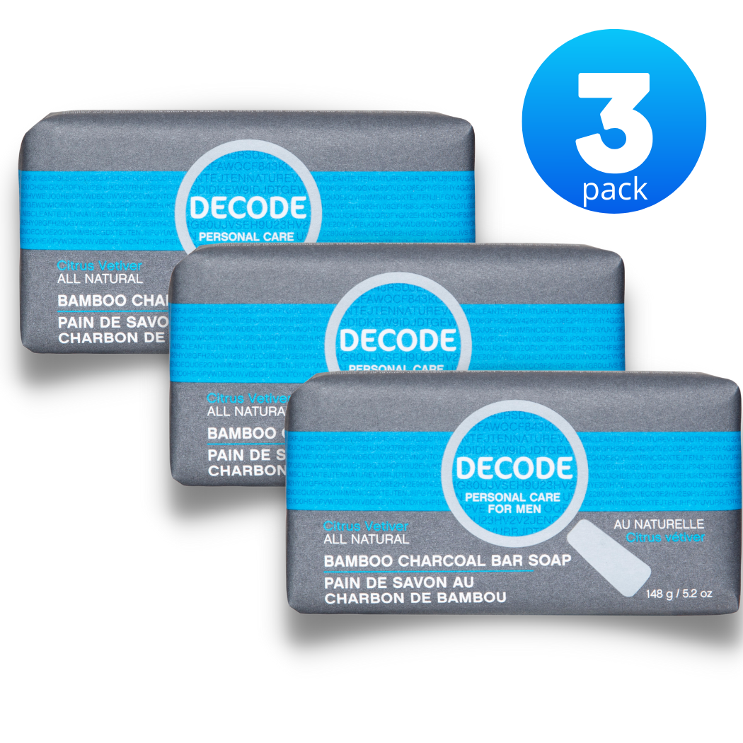 【日常健康生活】Hush Brands 3Pack Decode Personal Care For Men 柑橘 Vetiver 竹纖維 Charcoal 潔膚皂｜148g｜Original Packaging｜LIMITED QUANTITIES! | 海外代購-潔膚皂-FIT MART 香港智能健康及運動生活用品專門店：筋膜槍、瑜伽輔助工具、智能健身設備