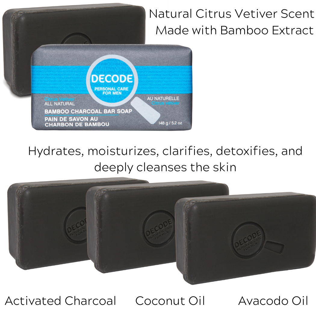 【日常健康生活】Hush Brands 3Pack Decode Personal Care For Men 柑橘 Vetiver 竹纖維 Charcoal 潔膚皂｜148g｜Original Packaging｜LIMITED QUANTITIES! | 海外代購-潔膚皂-FIT MART 香港智能健康及運動生活用品專門店：筋膜槍、瑜伽輔助工具、智能健身設備