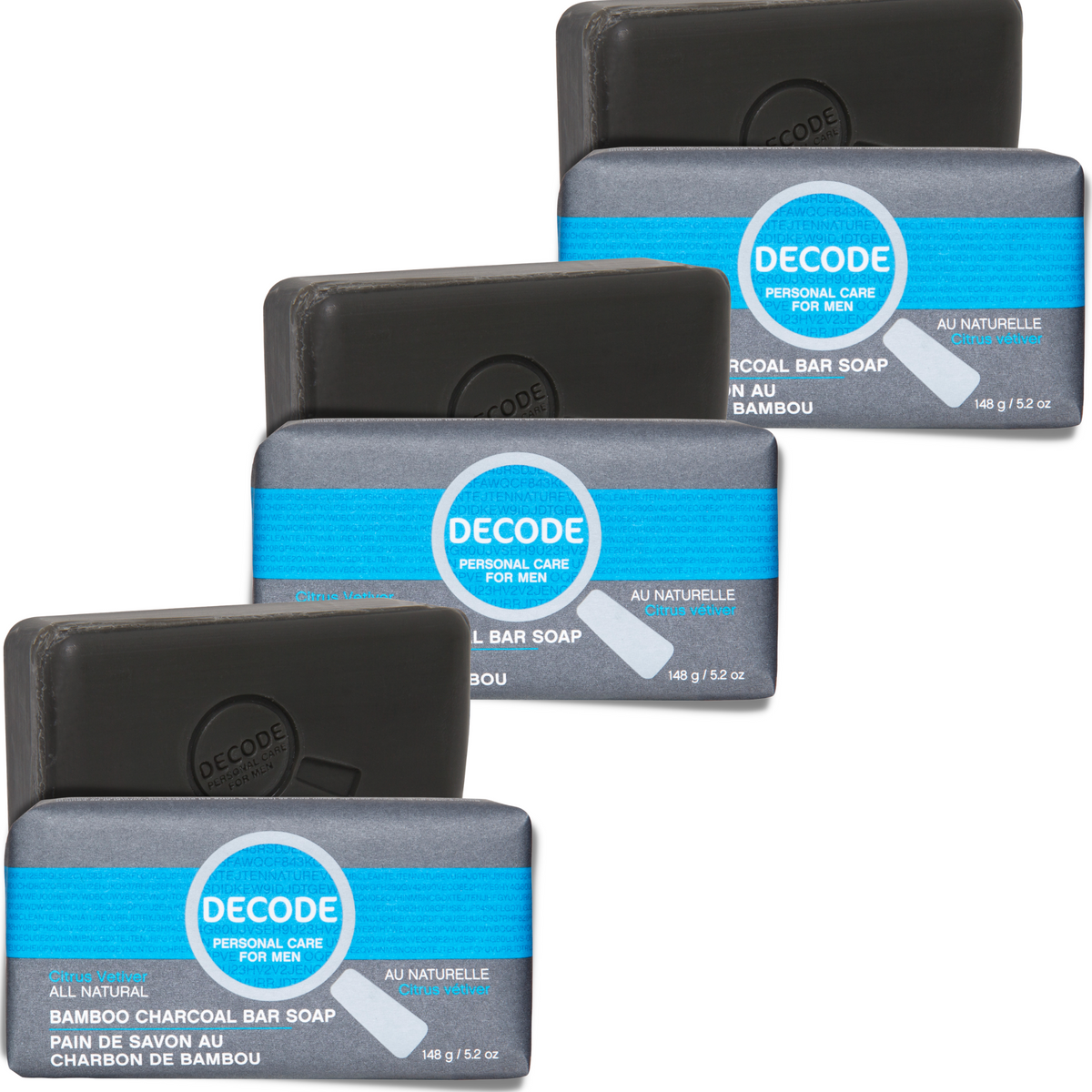 【日常健康生活】Hush Brands 3Pack Decode Personal Care For Men 柑橘 Vetiver 竹纖維 Charcoal 潔膚皂｜148g｜Original Packaging｜LIMITED QUANTITIES! | 海外代購-潔膚皂-FIT MART 香港智能健康及運動生活用品專門店：筋膜槍、瑜伽輔助工具、智能健身設備