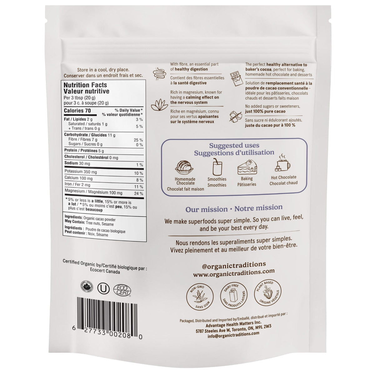 Organic Traditions 有機純可可粉 無添加糖 (454g x 2包) | 海外代購-Food-FIT MART 香港智能健康及運動生活用品專門店：筋膜槍、瑜伽輔助工具、智能健身設備