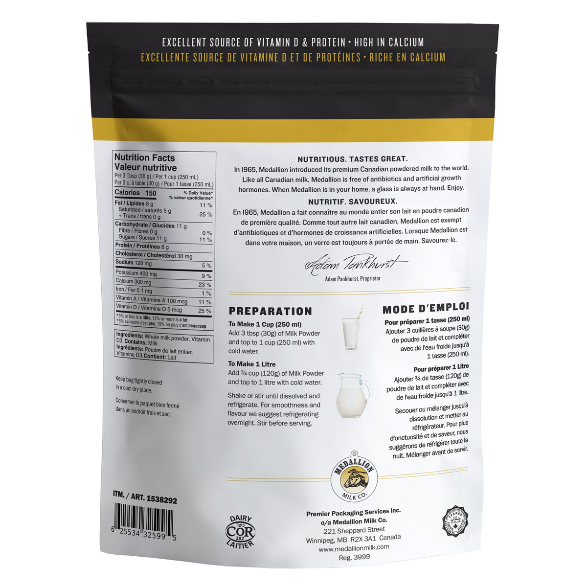Medallion 加拿大全脂奶粉 3.25% 乳脂｜可沖調約8L牛奶 (1kg) 產品圖片 2－Fitmart 加拿大直送健康選品