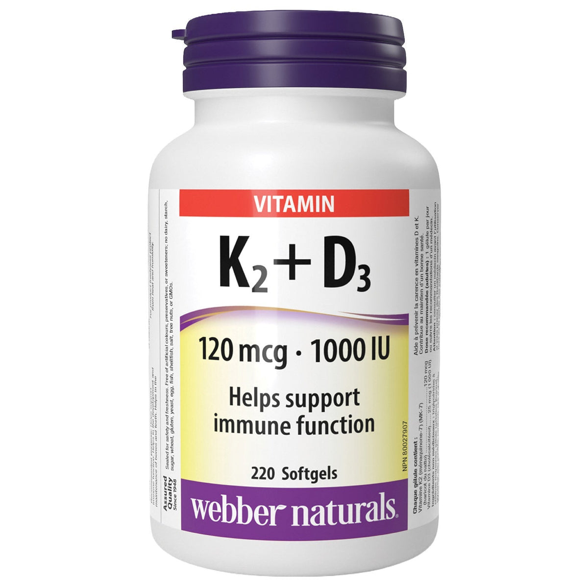 Webber Naturals 維他命K2 120mcg + D3 1000IU 軟膠囊 (220粒)-Supplements-FIT MART 香港智能健康及運動生活用品專門店：筋膜槍、瑜伽輔助工具、智能健身設備
