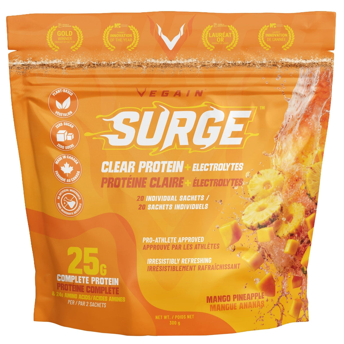VEGAIN SURGE 透明蛋白電解質沖劑 芒果菠蘿味 (15g x 20包) 產品圖片 1－Fitmart 加拿大直送健康選品
