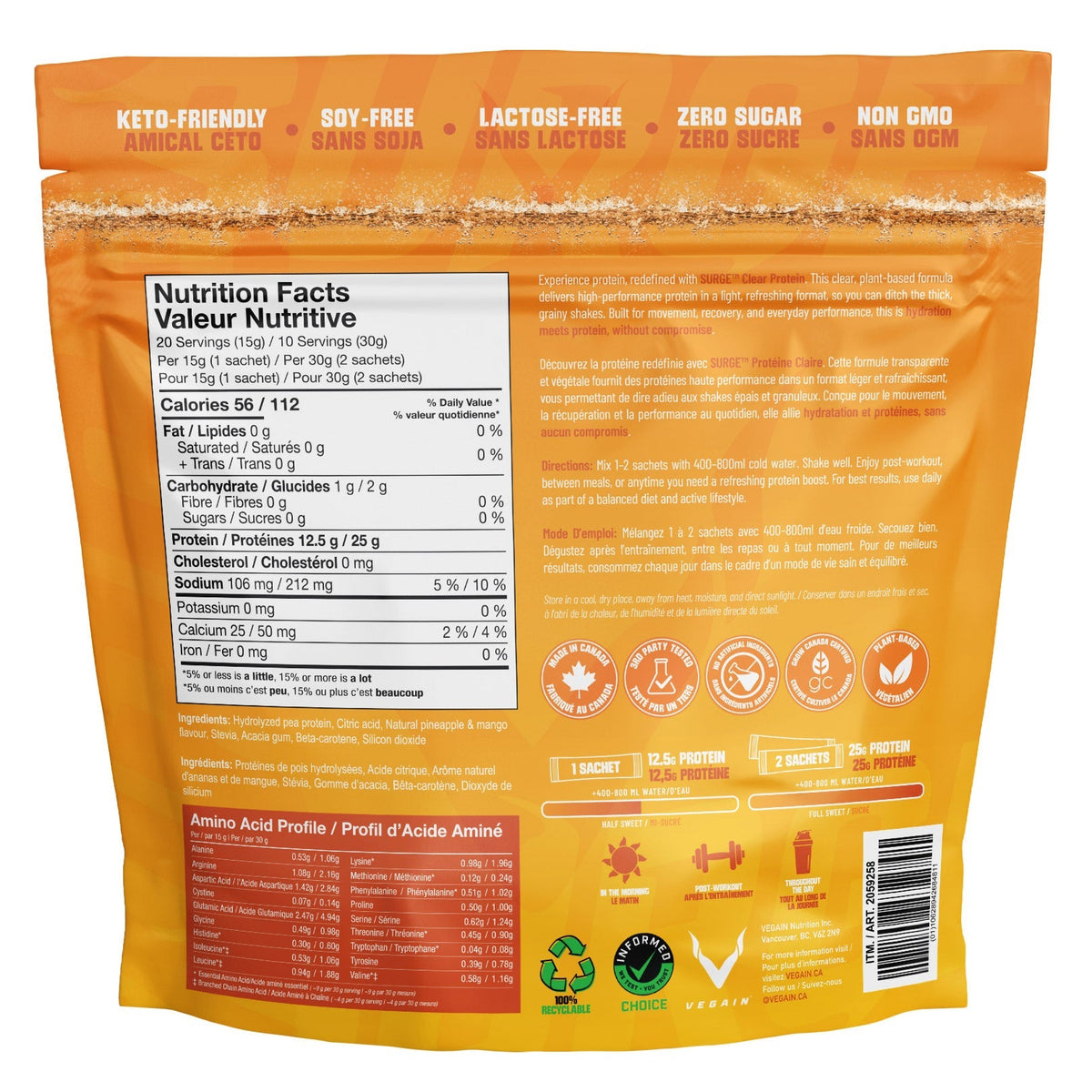 VEGAIN SURGE 透明蛋白電解質沖劑 芒果菠蘿味 (15g x 20包) 產品圖片 2－Fitmart 加拿大直送健康選品