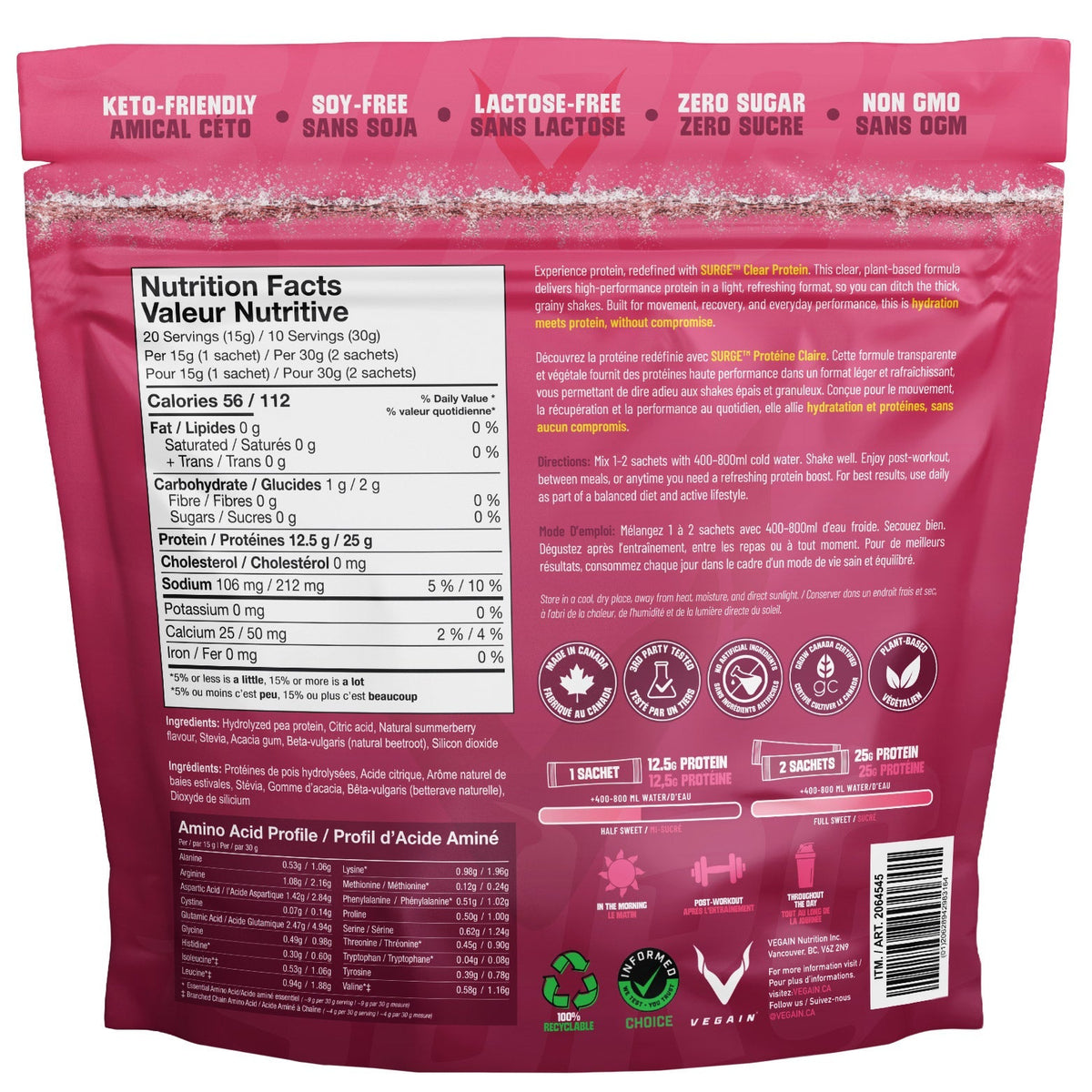 VEGAIN SURGE 透明蛋白電解質沖劑 夏日莓果檸檬味 (15g x 20包) 產品圖片 2－Fitmart 加拿大直送健康選品