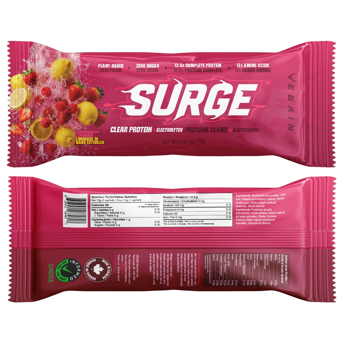 VEGAIN SURGE 透明蛋白電解質沖劑 夏日莓果檸檬味 (15g x 20包) 產品圖片 3－Fitmart 加拿大直送健康選品