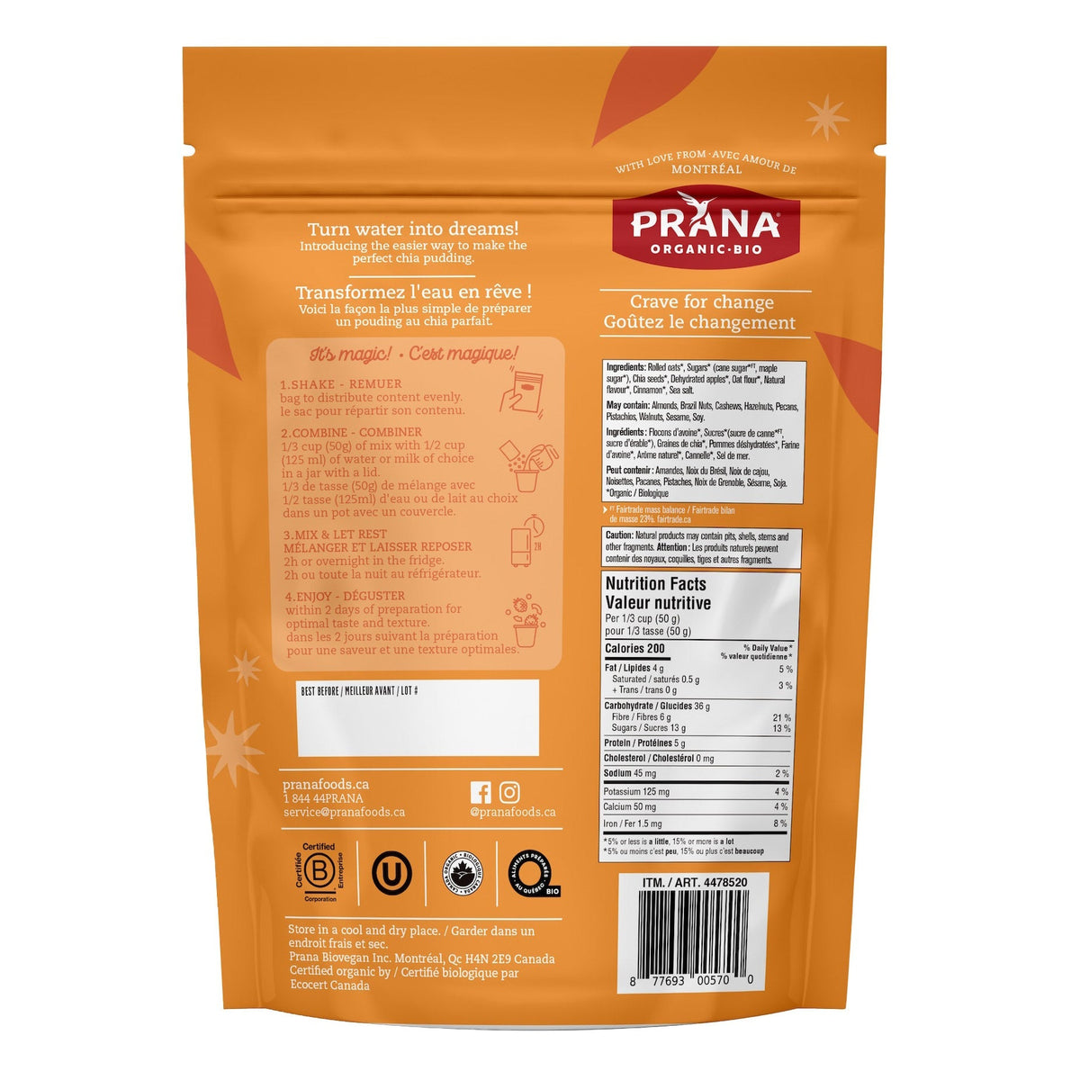 Prana 有機隔夜奇亞籽燕麥 (800g x 2包)｜3款口味 | 海外代購-Food-FIT MART 香港智能健康及運動生活用品專門店：筋膜槍、瑜伽輔助工具、智能健身設備