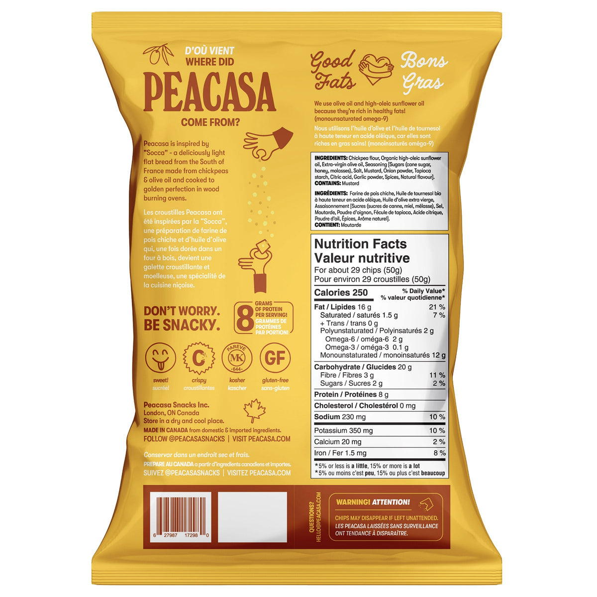 Peacasa 加拿大製鷹嘴豆脆片 海鹽＋蜜糖芥末 (128g x 6包) 產品圖片 4－Fitmart 加拿大直送健康選品